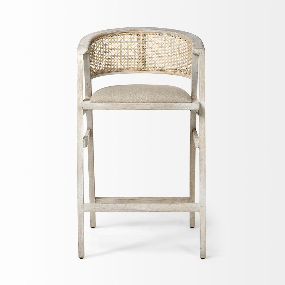 30.75" Seat Height Beige Fabric/Rattan Seat Blonde Wood Frame Bar Stool. Picture 2