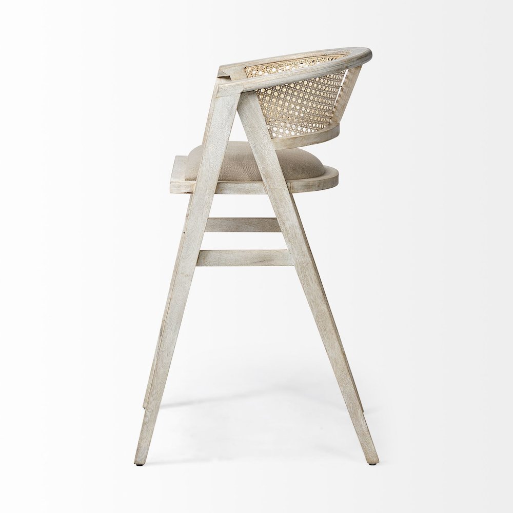 30.75" Seat Height Beige Fabric/Rattan Seat Blonde Wood Frame Bar Stool. Picture 3