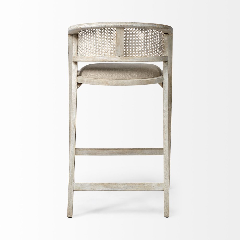 30.75" Seat Height Beige Fabric/Rattan Seat Blonde Wood Frame Bar Stool. Picture 4