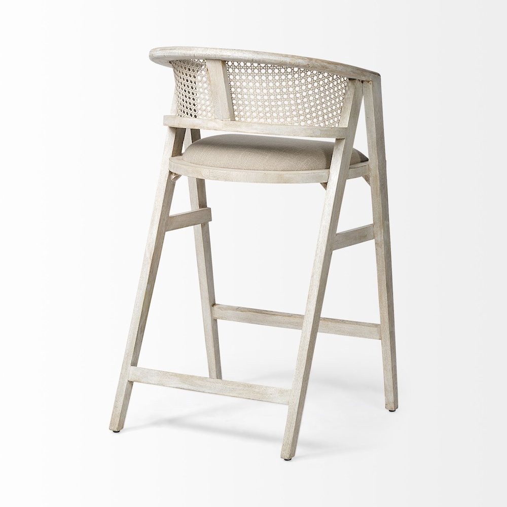 30.75" Seat Height Beige Fabric/Rattan Seat Blonde Wood Frame Bar Stool. Picture 5