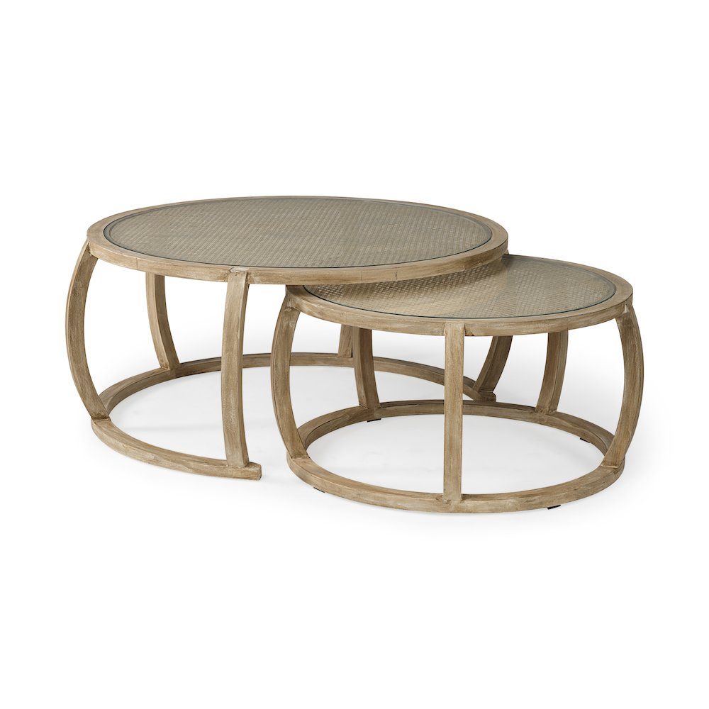 Set Of 2 Round Woven Caneglass Top Solid Wood Base Coffee Tables. Picture 1