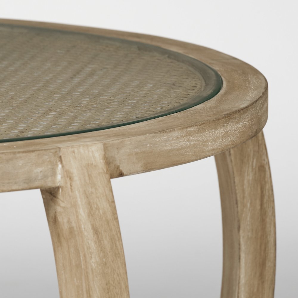 Set Of 2 Round Woven Caneglass Top Solid Wood Base Coffee Tables. Picture 3