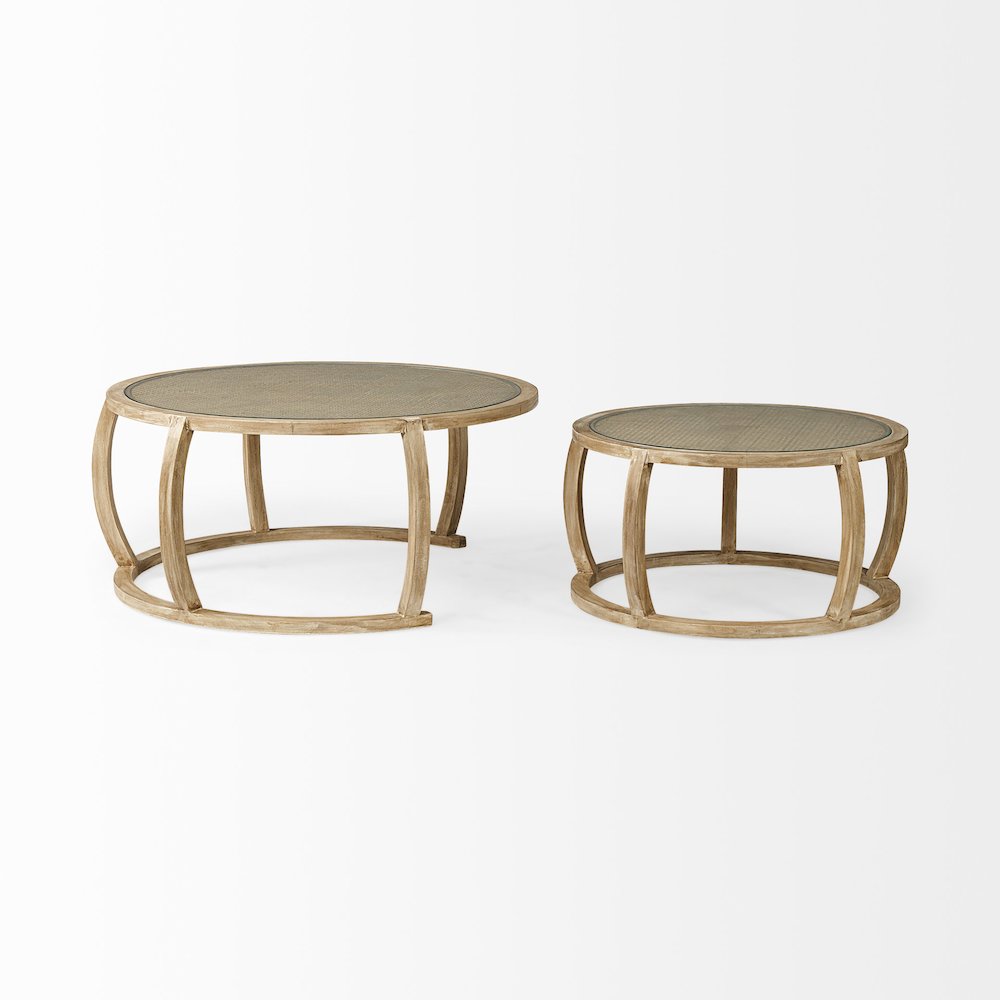 Set Of 2 Round Woven Caneglass Top Solid Wood Base Coffee Tables. Picture 4