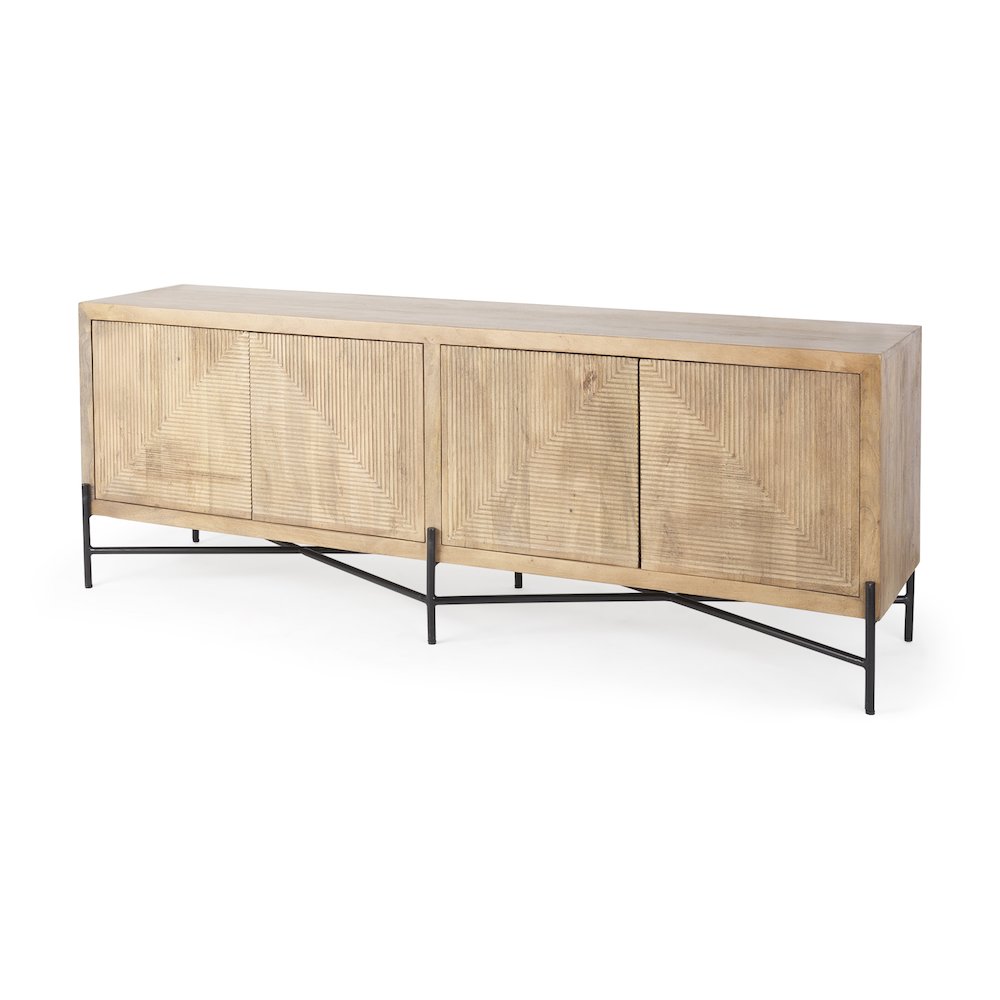 Cairo 78x19 Brown Solid Wood Black Metal Base 4 Door Cabinet Sideboard. Picture 1