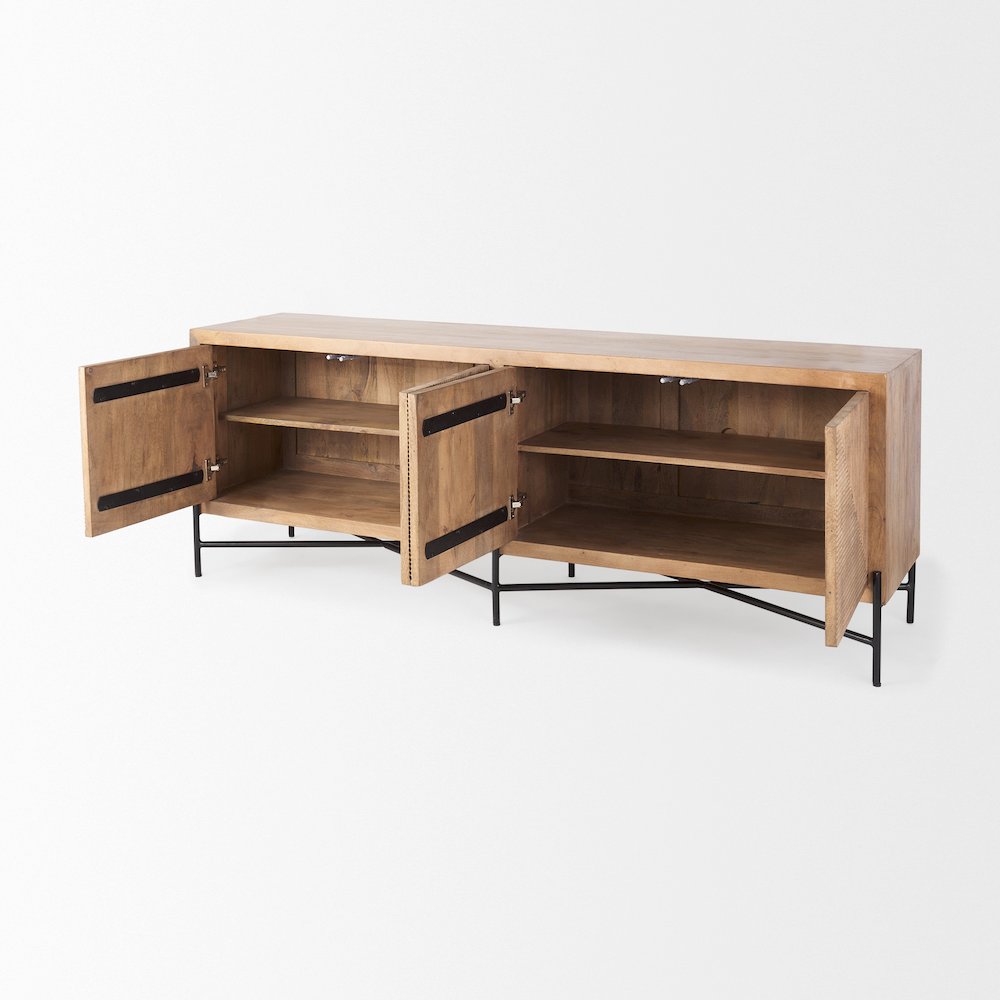 Cairo 78x19 Brown Solid Wood Black Metal Base 4 Door Cabinet Sideboard. Picture 12