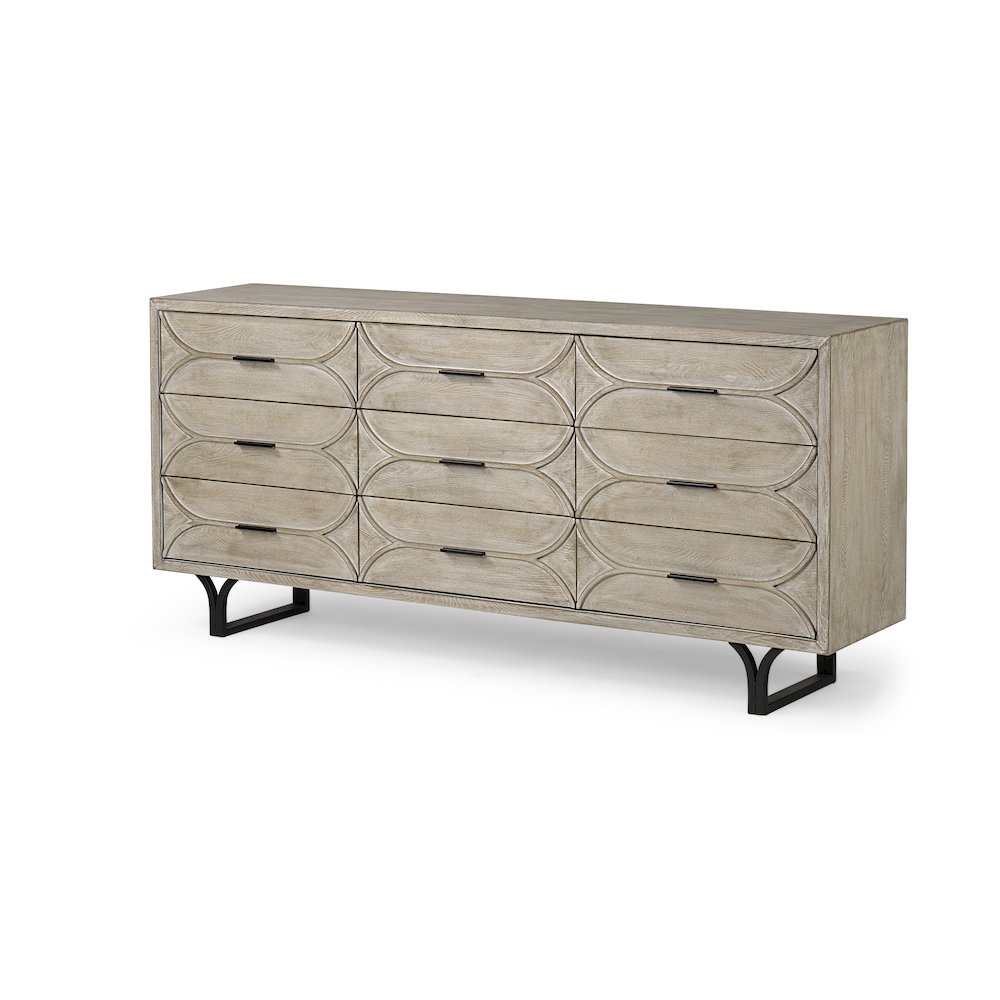 Giselle Brown Fir VeneerBlack Metal Leg 9 Drawer Sideboard. Picture 1