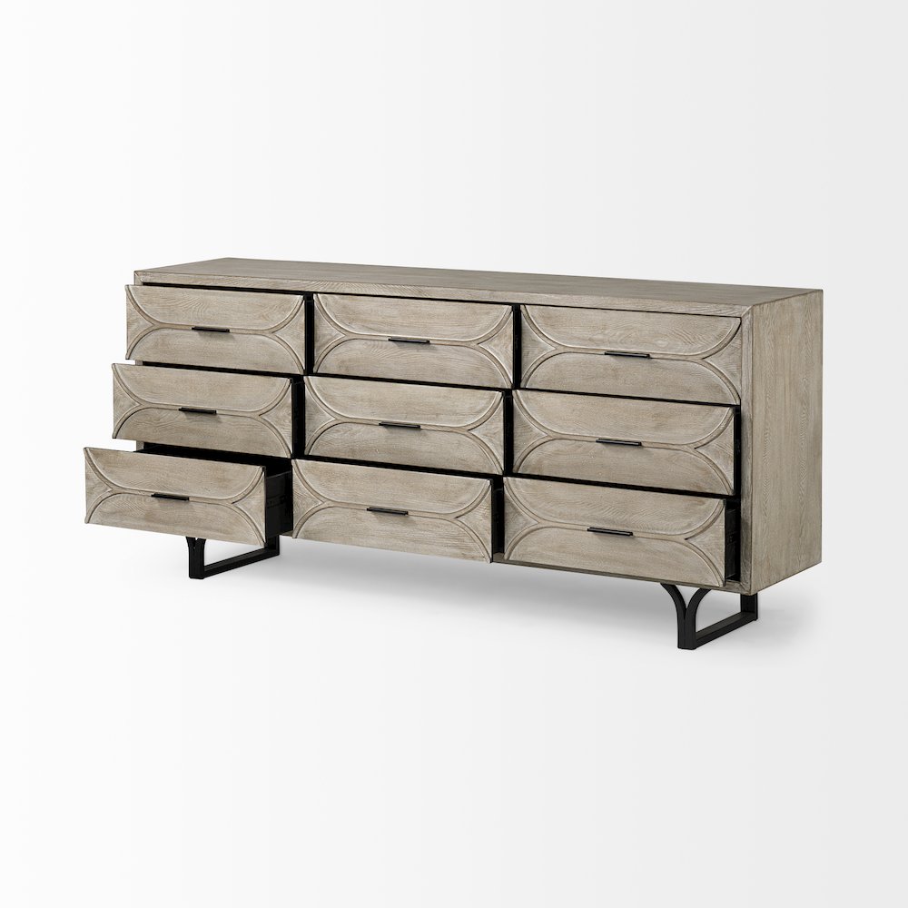 Giselle Brown Fir VeneerBlack Metal Leg 9 Drawer Sideboard. Picture 6