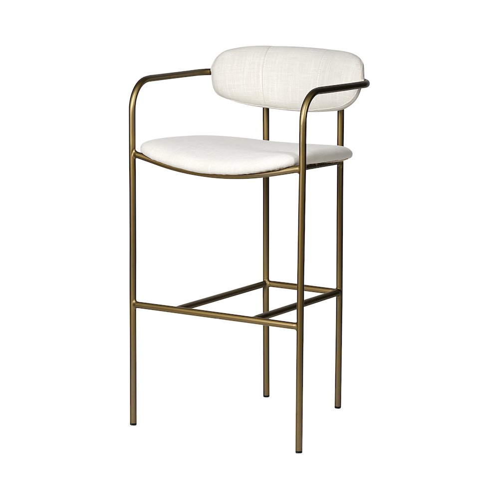 30" Seat Height Cream Fabric Seat Gold Metal Bar Stool. Picture 1