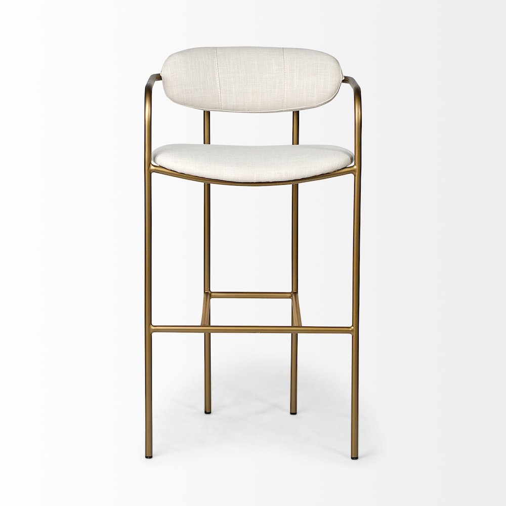 30" Seat Height Cream Fabric Seat Gold Metal Bar Stool. Picture 3