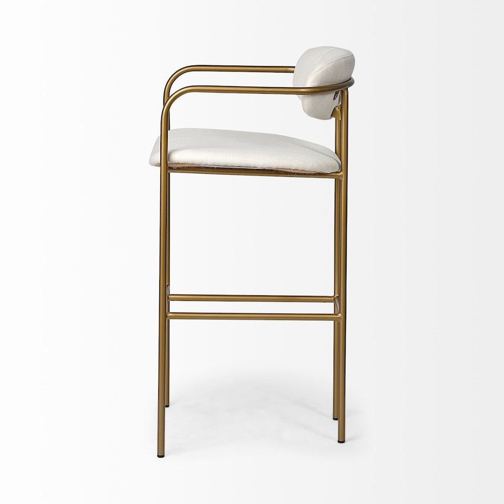 30" Seat Height Cream Fabric Seat Gold Metal Bar Stool. Picture 4