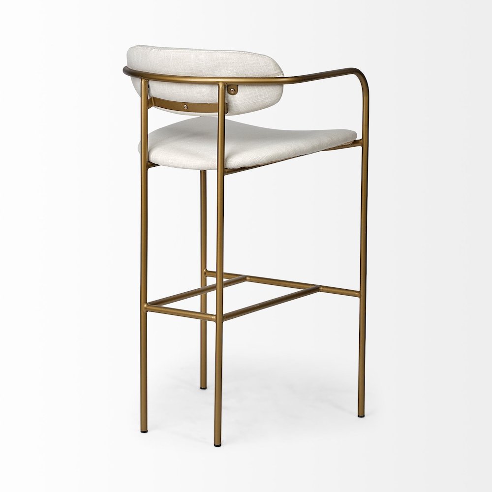 30" Seat Height Cream Fabric Seat Gold Metal Bar Stool. Picture 6