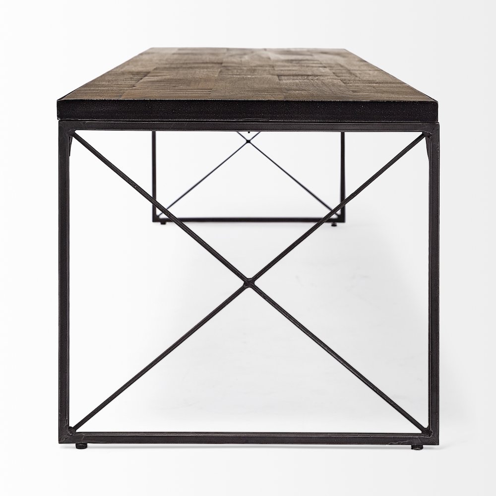 66L X 18W Brown Wood Topblack Iron Base Accent Bench. Picture 6