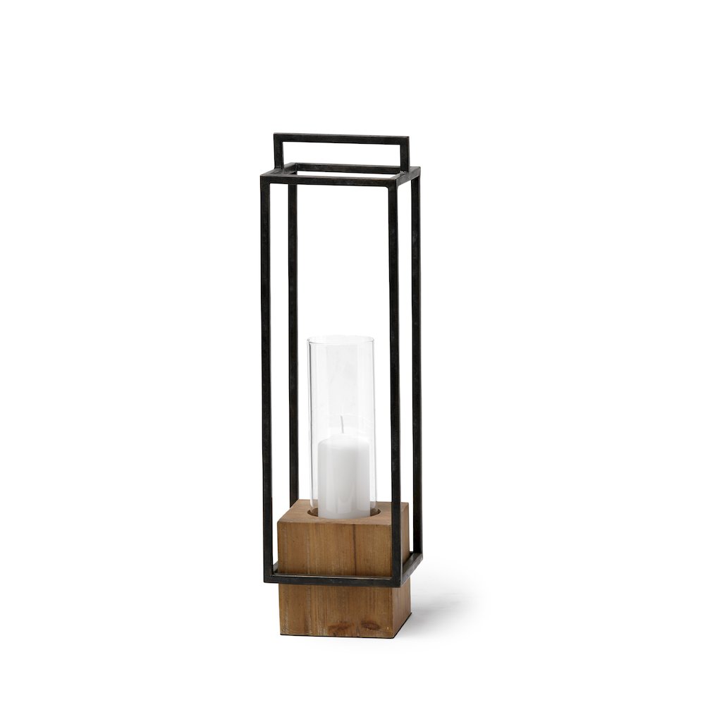Orionis Large Wood Black Metal Lantern Candle Holder. Picture 1