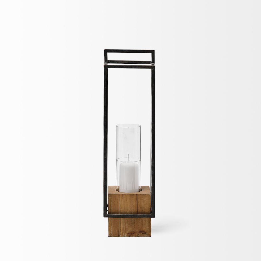 Orionis Large Wood Black Metal Lantern Candle Holder. Picture 4