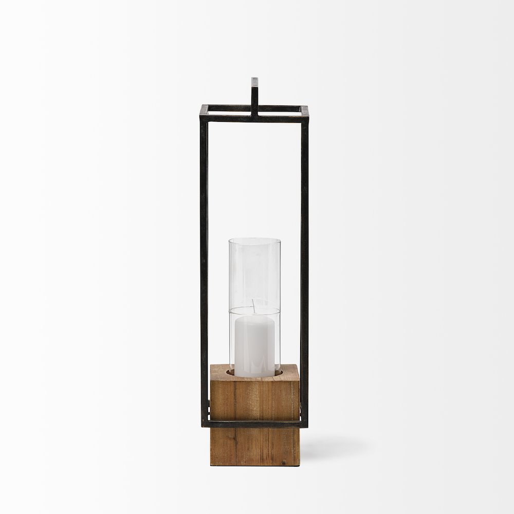 Orionis Large Wood Black Metal Lantern Candle Holder. Picture 5