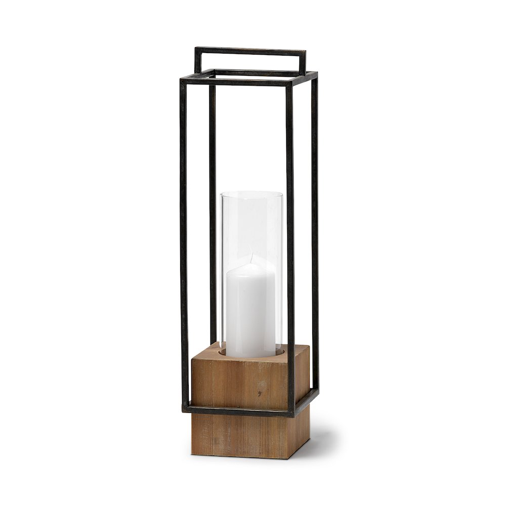 Orionis Large Wood Black Metal Lantern Candle Holder. Picture 1