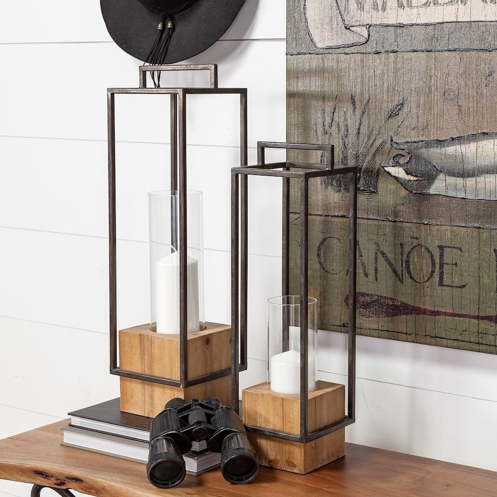 Orionis Large Wood Black Metal Lantern Candle Holder. Picture 3