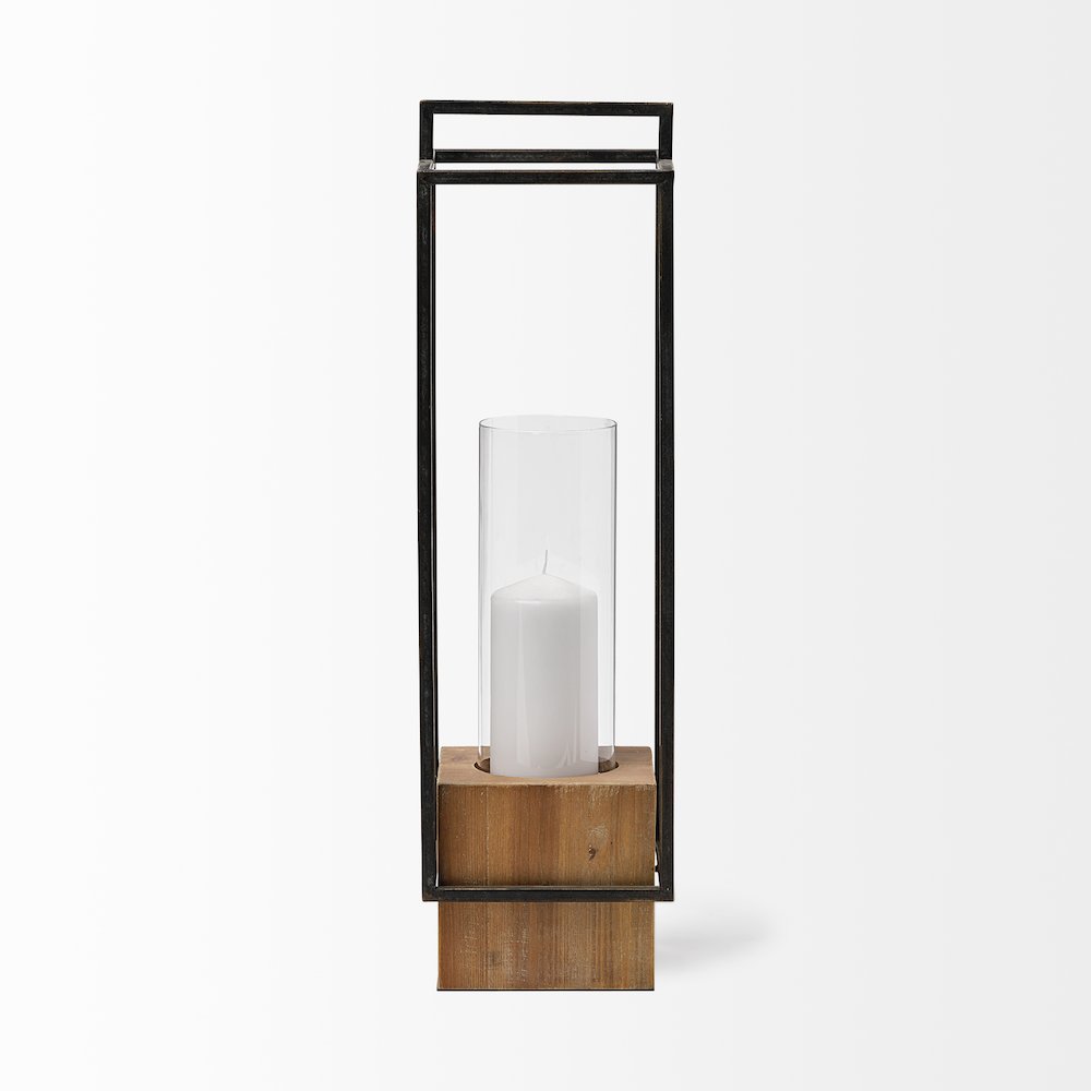 Orionis Large Wood Black Metal Lantern Candle Holder. Picture 4