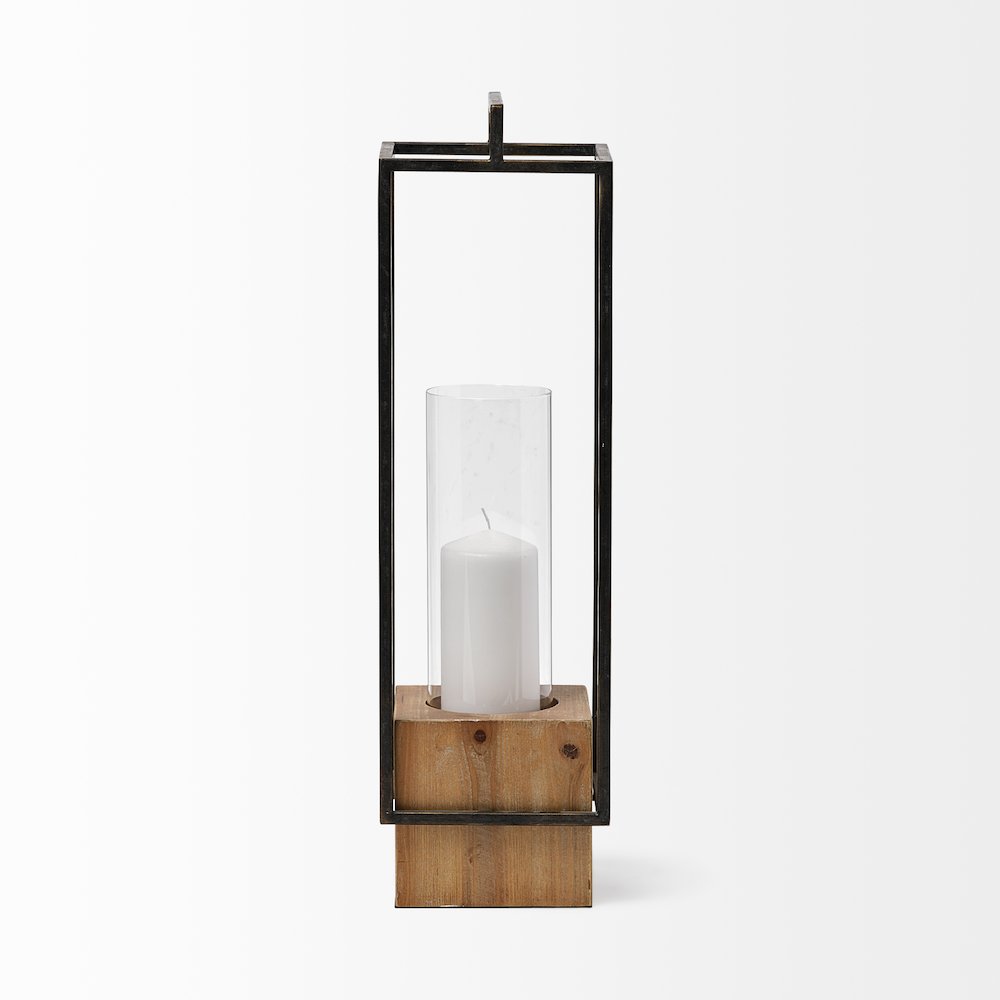 Orionis Large Wood Black Metal Lantern Candle Holder. Picture 5