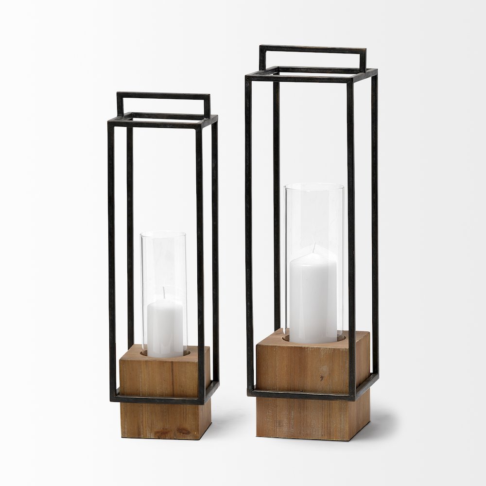 Orionis Large Wood Black Metal Lantern Candle Holder. Picture 6