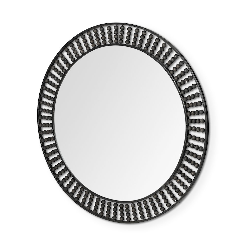 Claiborne 42" Round Black Metal Frame MirrorWood Beads. Picture 1