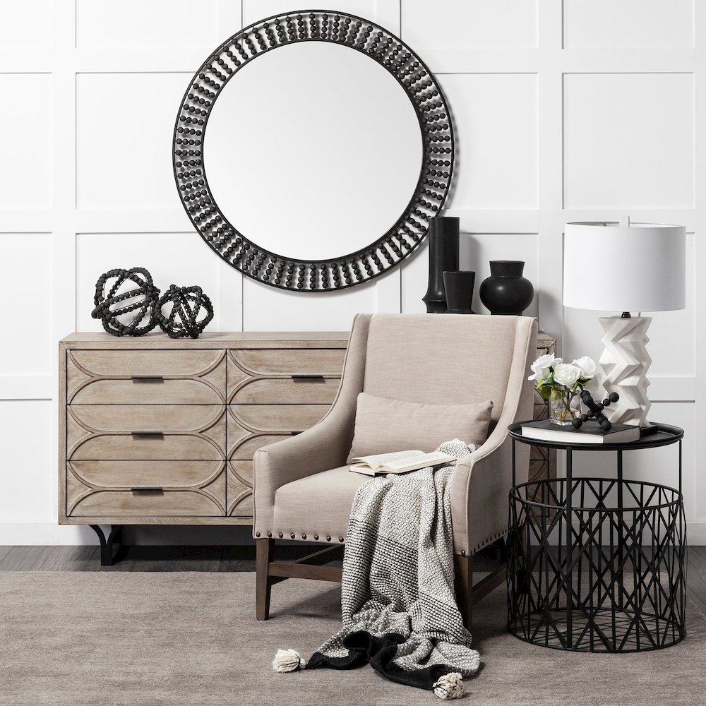 Claiborne 42" Round Black Metal Frame MirrorWood Beads. Picture 2