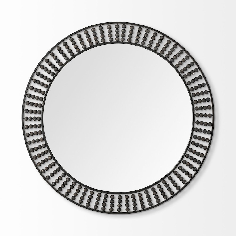 Claiborne 42" Round Black Metal Frame MirrorWood Beads. Picture 3