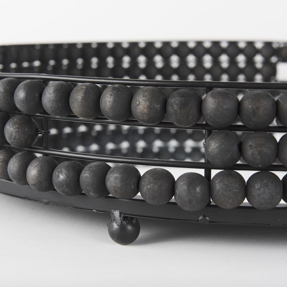 Decatur 21L x 21W Black Wooden Bead Mirrored Bottom Round Tray. Picture 9