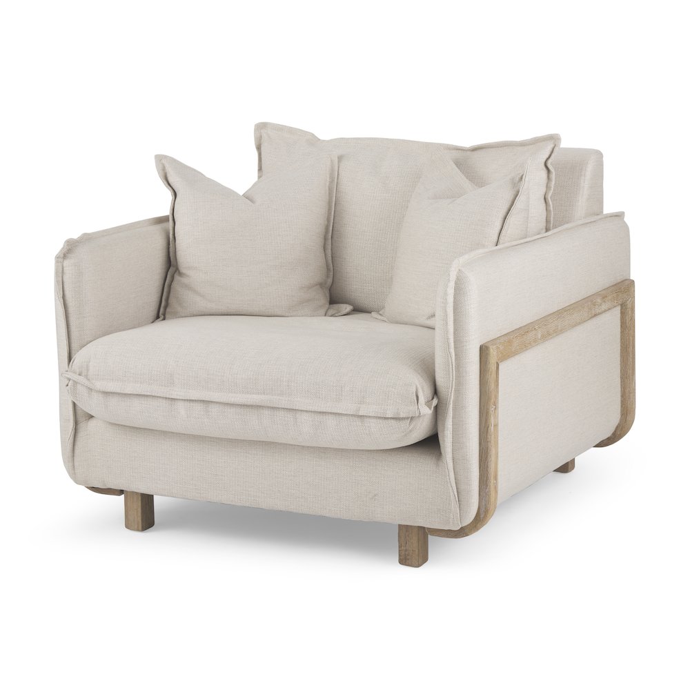 Roy Beige Upholstered and Brown Wood Frame Arm Chair. Picture 1