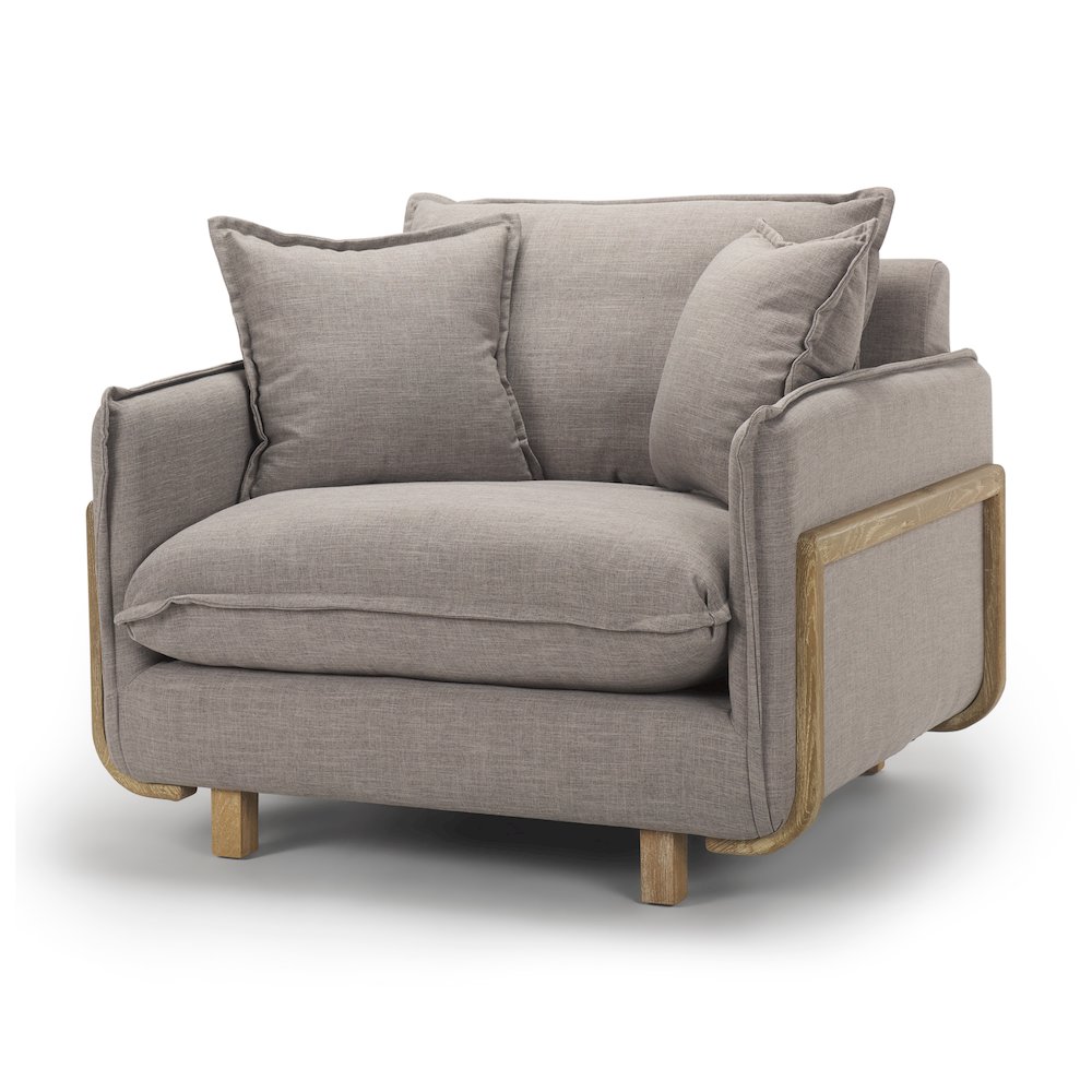 Roy Flint Gray Upholstered and Brown Wood Frame Arm Chair. Picture 1