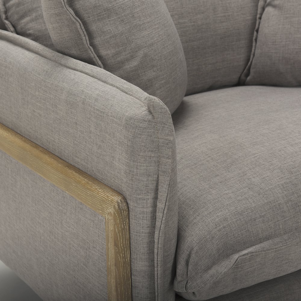 Roy Flint Gray Upholstered and Brown Wood Frame Arm Chair. Picture 3