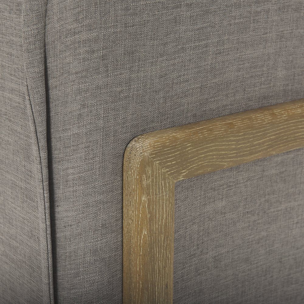 Roy Flint Gray Upholstered and Brown Wood Frame Arm Chair. Picture 4