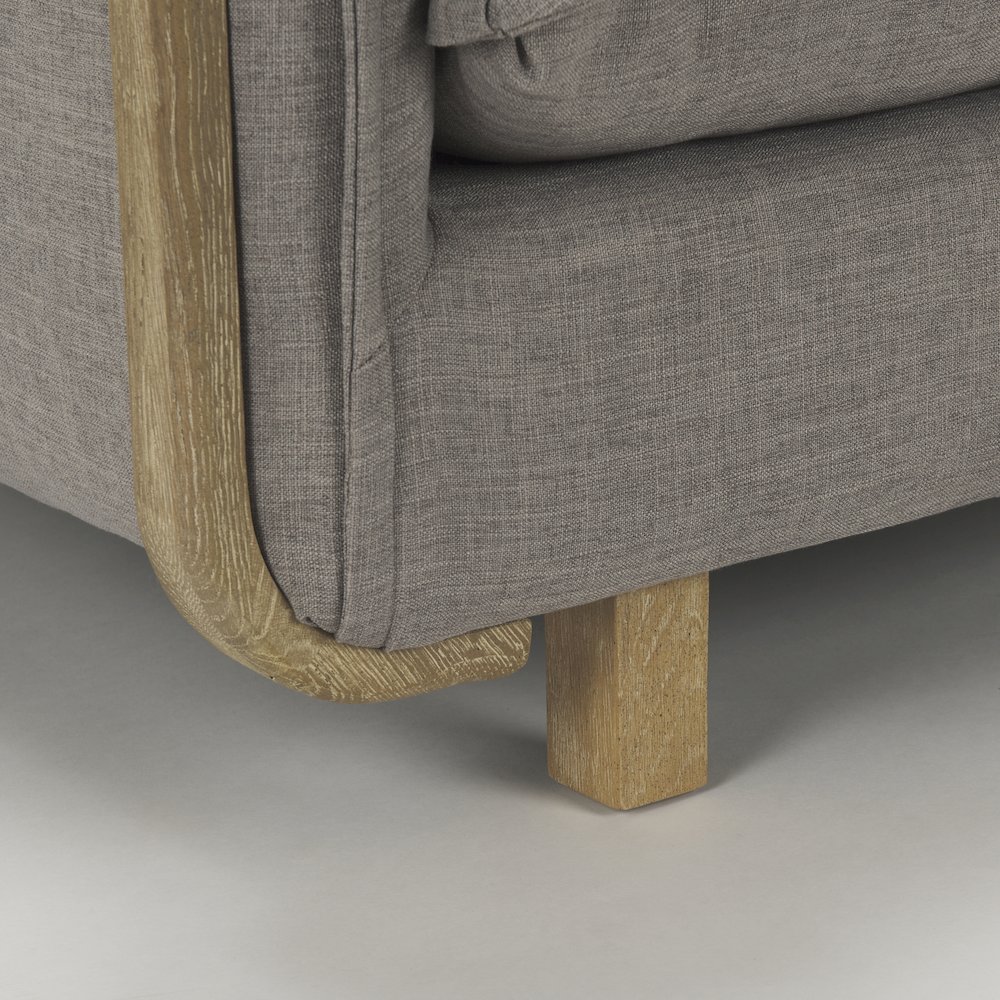 Roy Flint Gray Upholstered and Brown Wood Frame Arm Chair. Picture 5