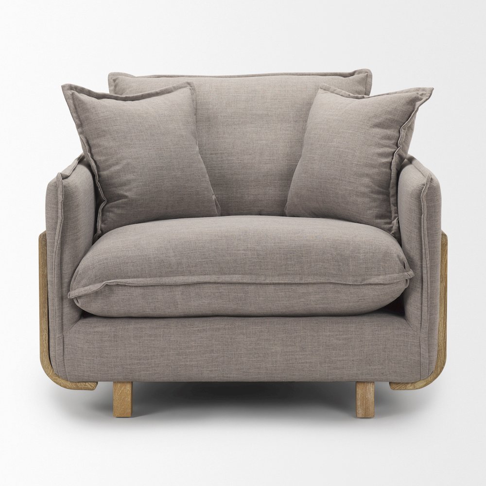 Roy Flint Gray Upholstered and Brown Wood Frame Arm Chair. Picture 8