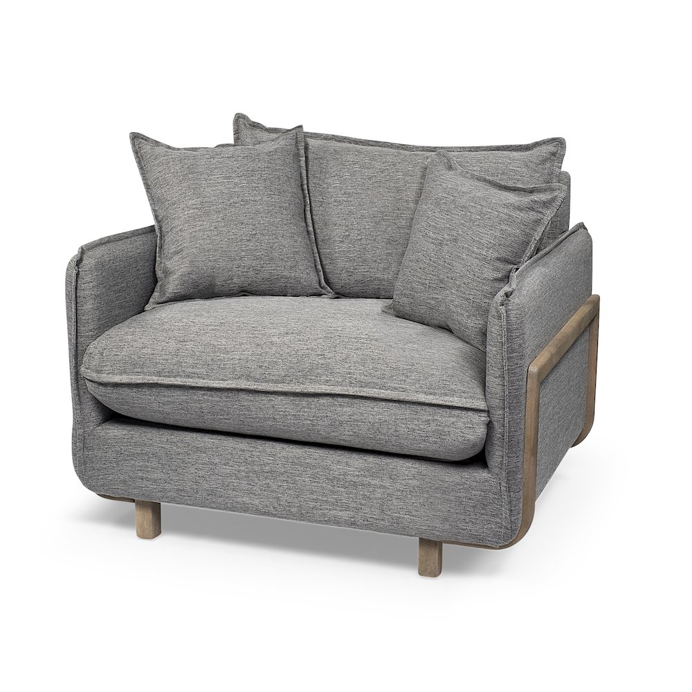 Roy Castlerock Gray Upholstered and Brown Wood Frame Arm Chair. Picture 1