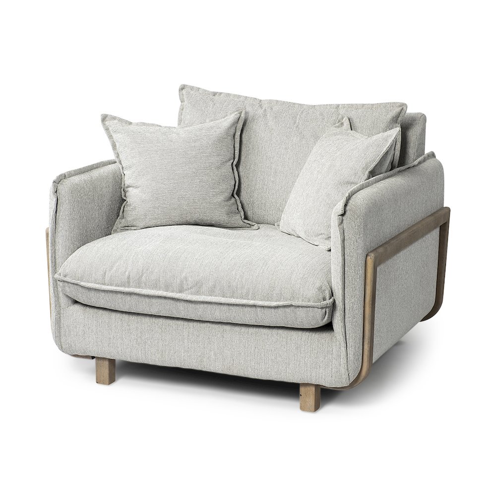 Roy Frost Gray Upholstered and Brown Wood Frame Arm Chair. Picture 1