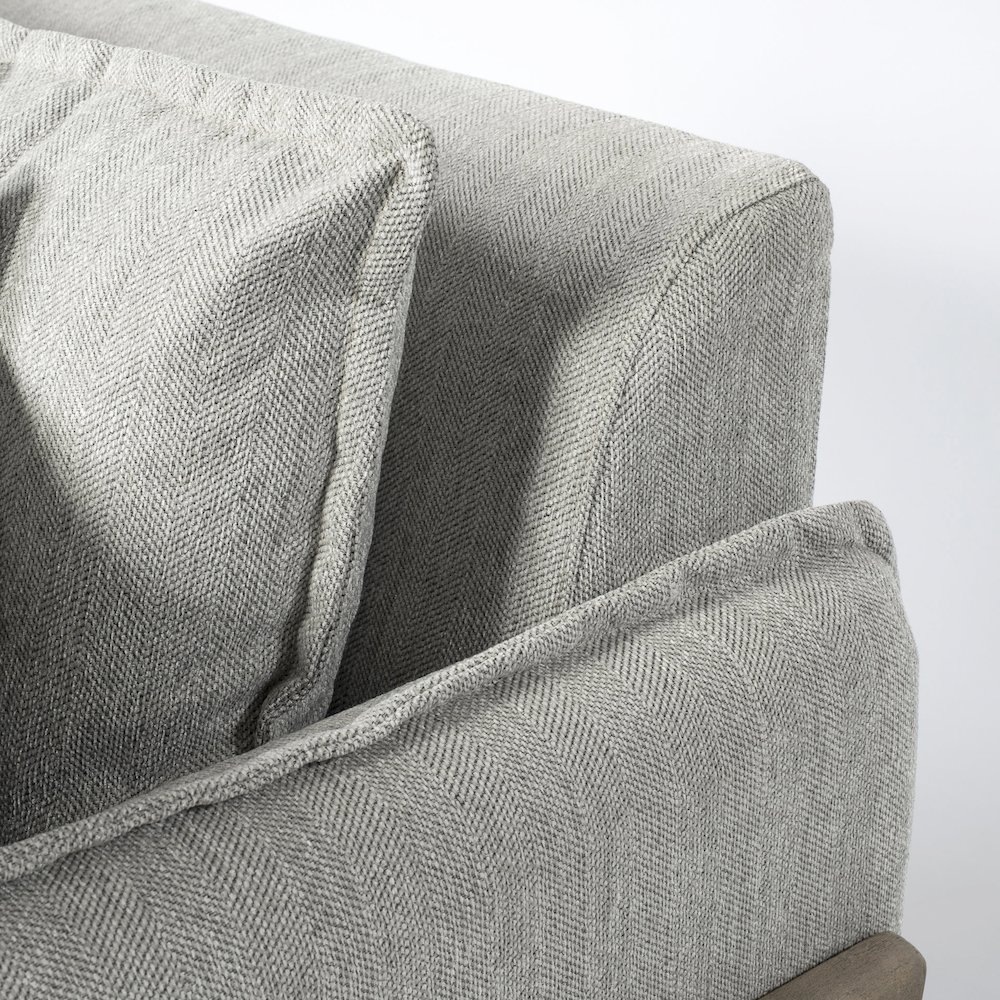 Roy Frost Gray Upholstered and Brown Wood Frame Arm Chair. Picture 3