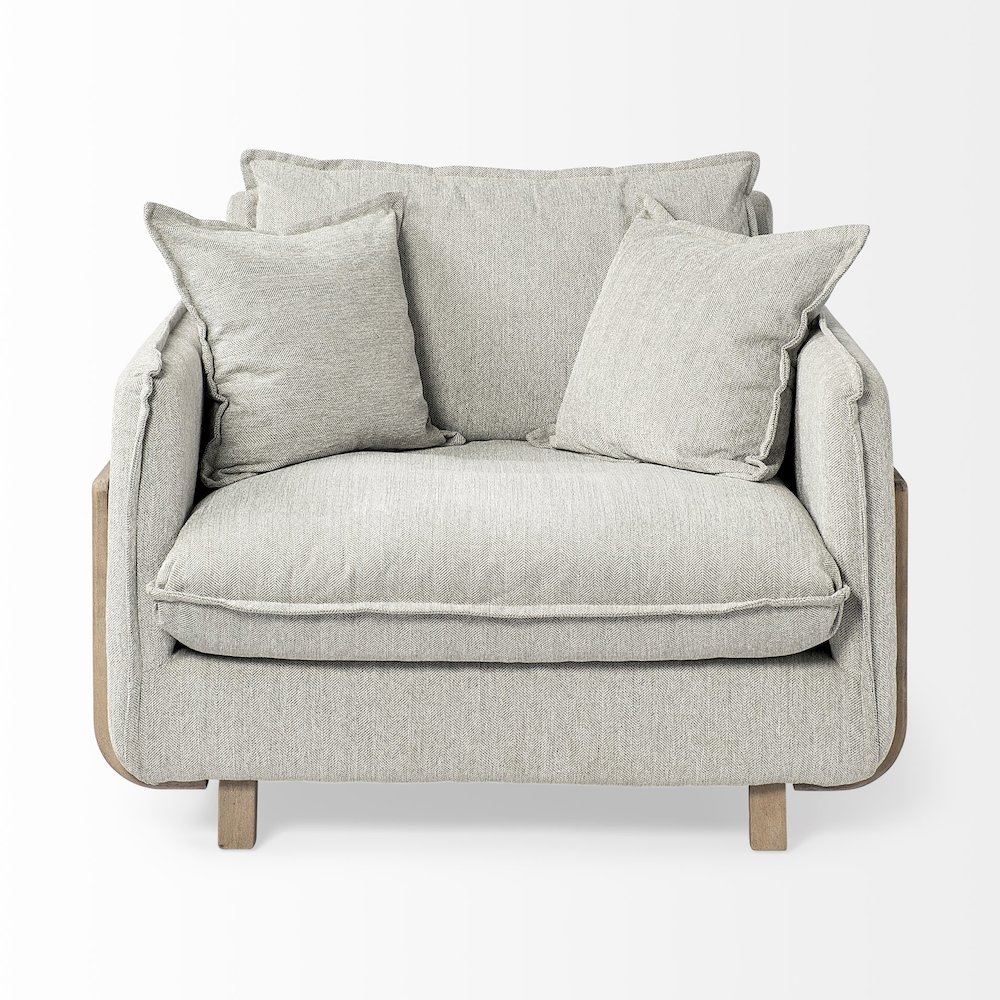 Roy Frost Gray Upholstered and Brown Wood Frame Arm Chair. Picture 8