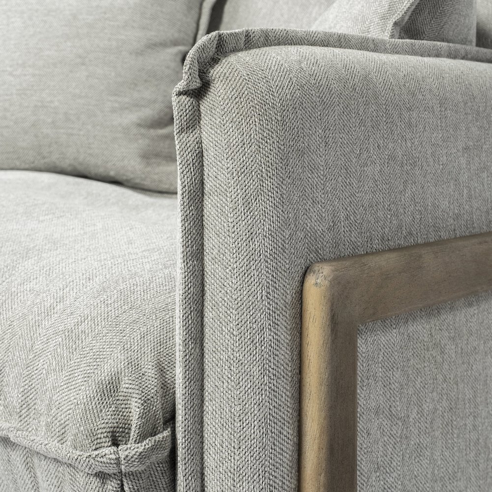 Roy Frost Gray Upholstered and Brown Wood Frame Arm Chair. Picture 11