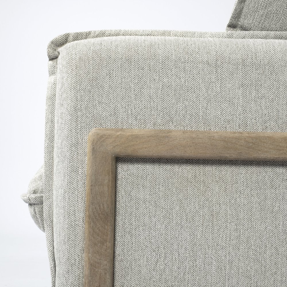Roy Frost Gray Upholstered and Brown Wood Frame Arm Chair. Picture 13