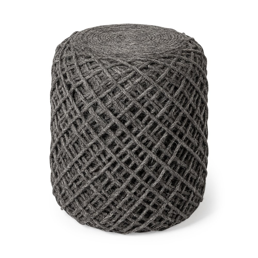 Allium Dark Gray Handwoven Wool Cylindrical Pouf. Picture 1