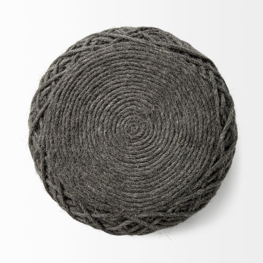 Allium Dark Gray Handwoven Wool Cylindrical Pouf. Picture 6