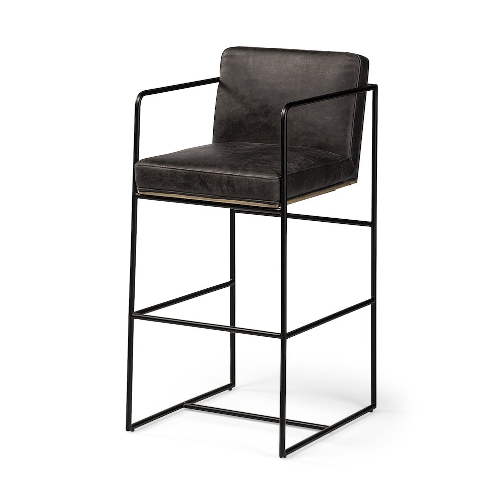 40" Total Height Black Leather Seat Wood Back, Metal Frame Bar Stool. Picture 1