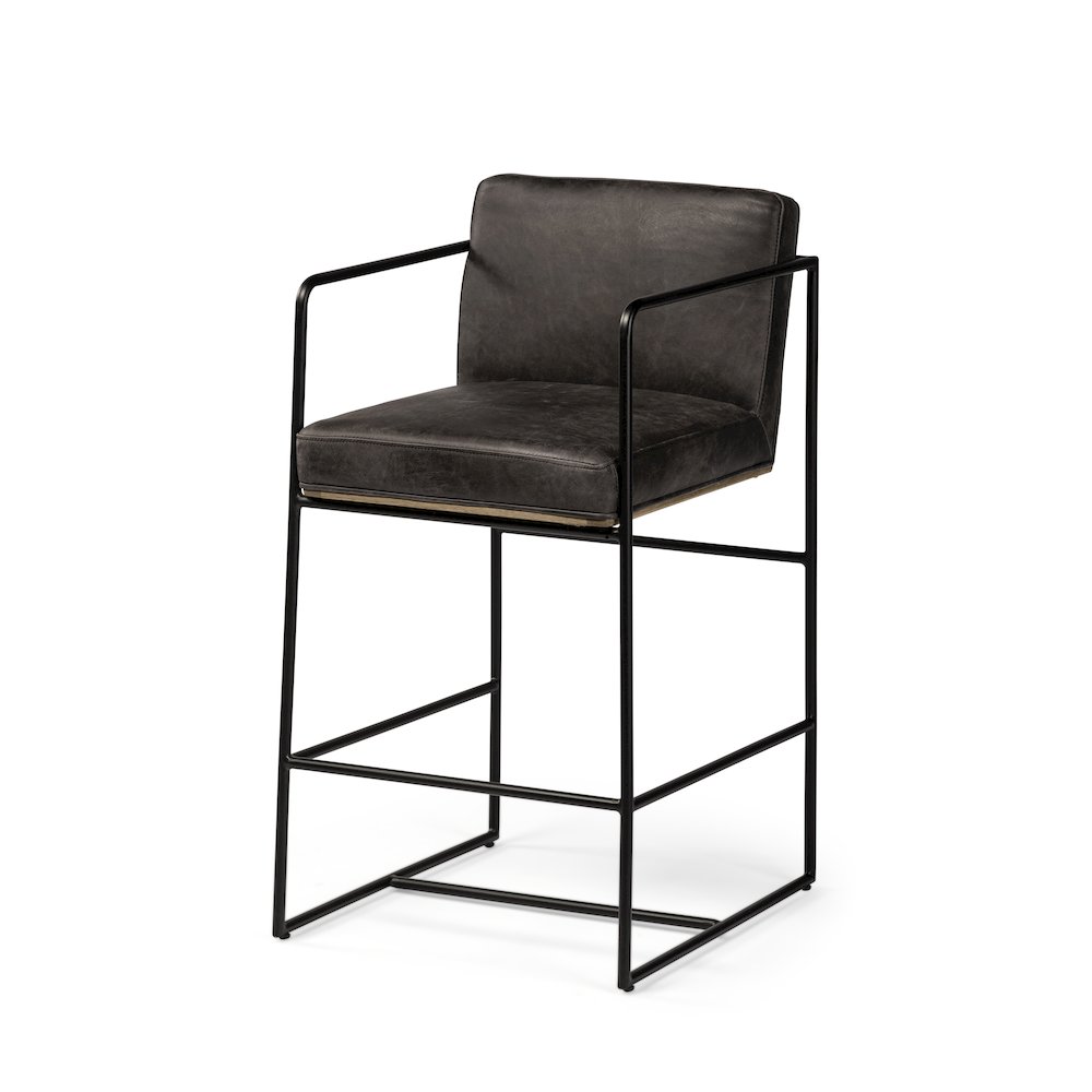 36" Total Height Black Leather Seat Wood Back, Metal Frame Counter Stool. Picture 1