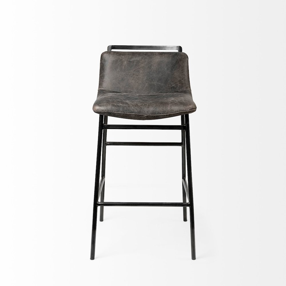 33.5" Total Height Ebony Leather Seat Black Metal Frame Counter Stool. Picture 6