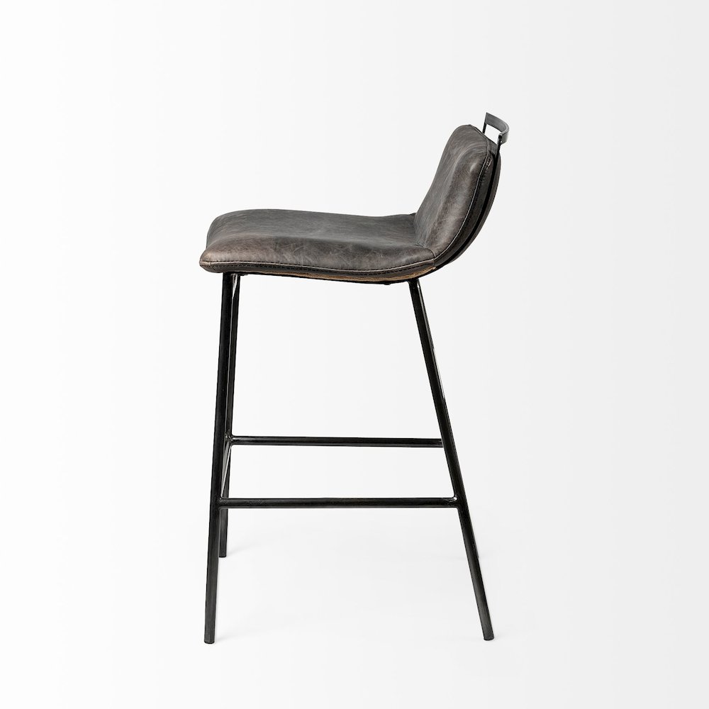 33.5" Total Height Ebony Leather Seat Black Metal Frame Counter Stool. Picture 7