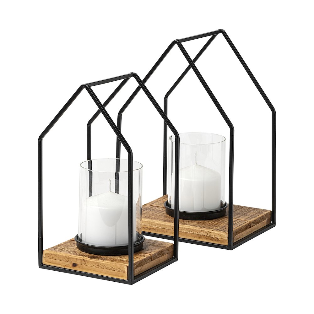 Leopold Set of Two Black Metal Wooden Base Table Candle Holders. Picture 1