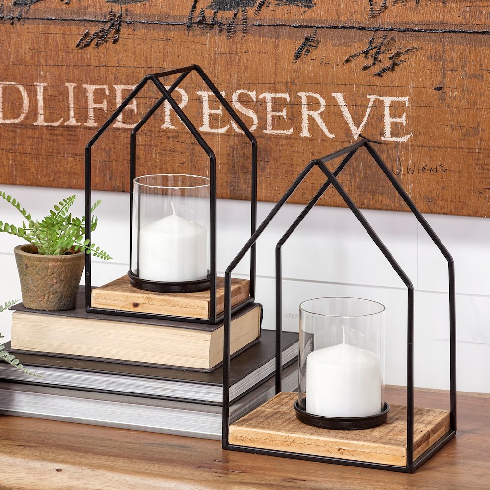 Leopold Set of Two Black Metal Wooden Base Table Candle Holders. Picture 3