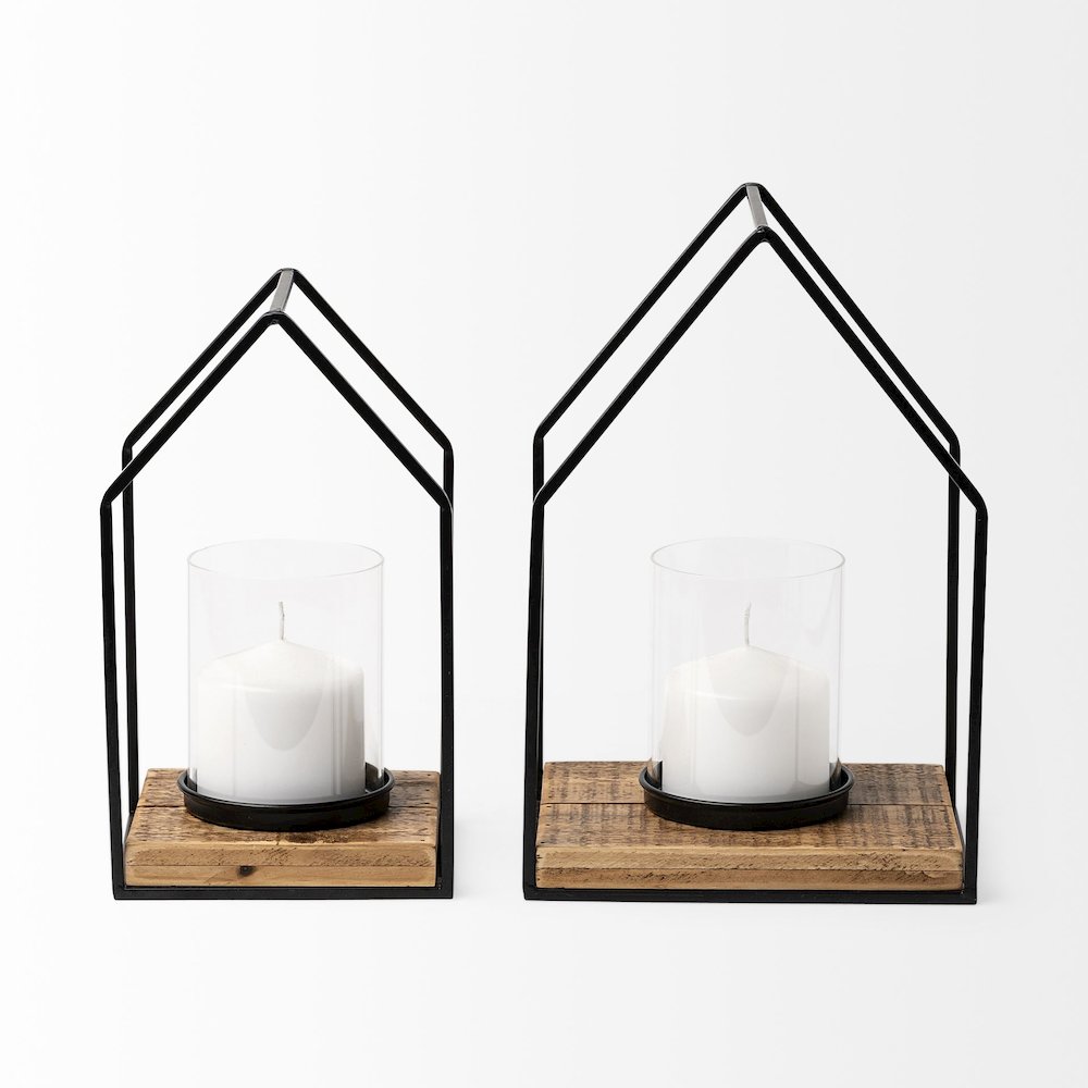 Leopold Set of Two Black Metal Wooden Base Table Candle Holders. Picture 4