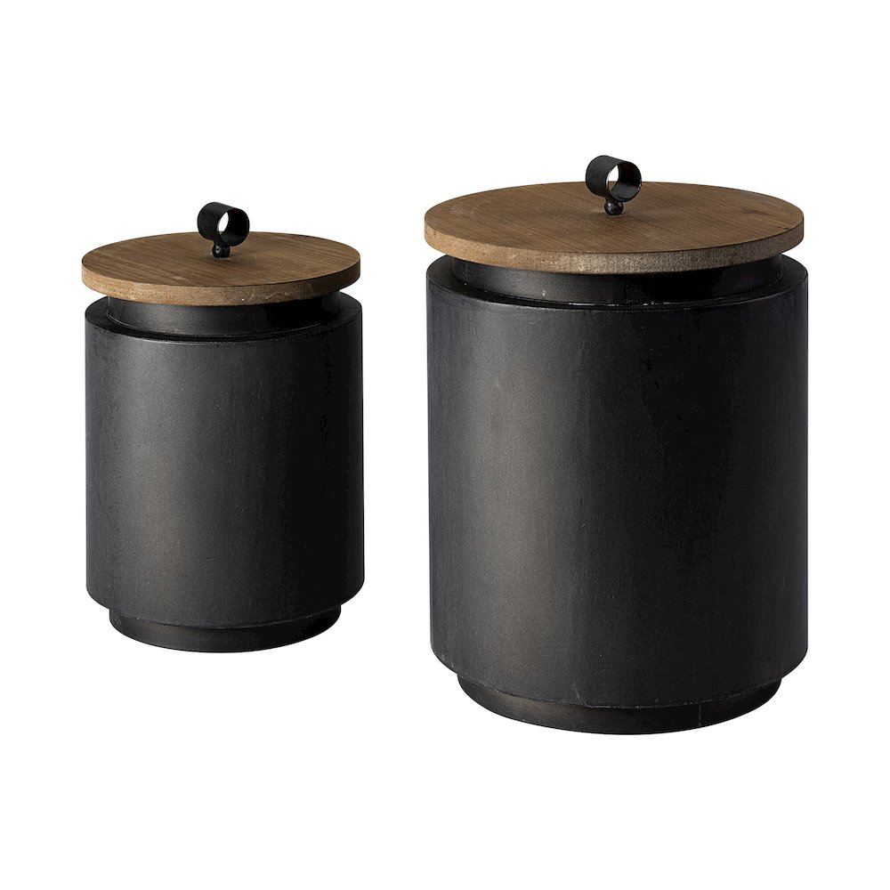 Cyril (Set of 2) Gray Metal Brown Wood Lids Jars. Picture 1